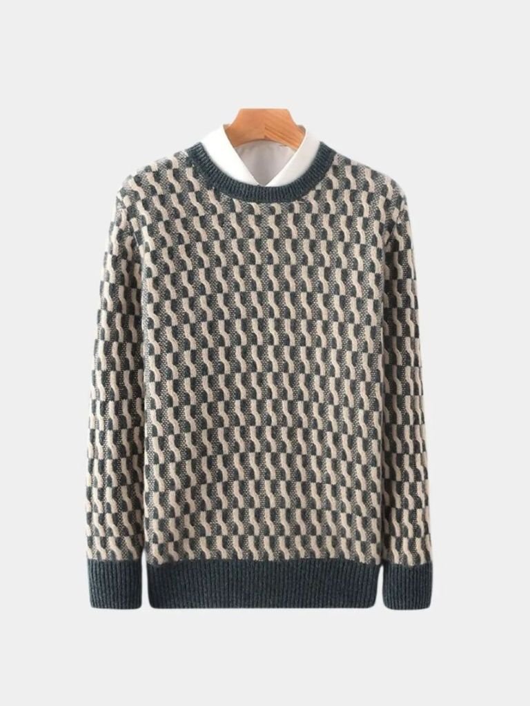 100% Wool Geometric Crew Neck Pullover Sweater - Manly Man