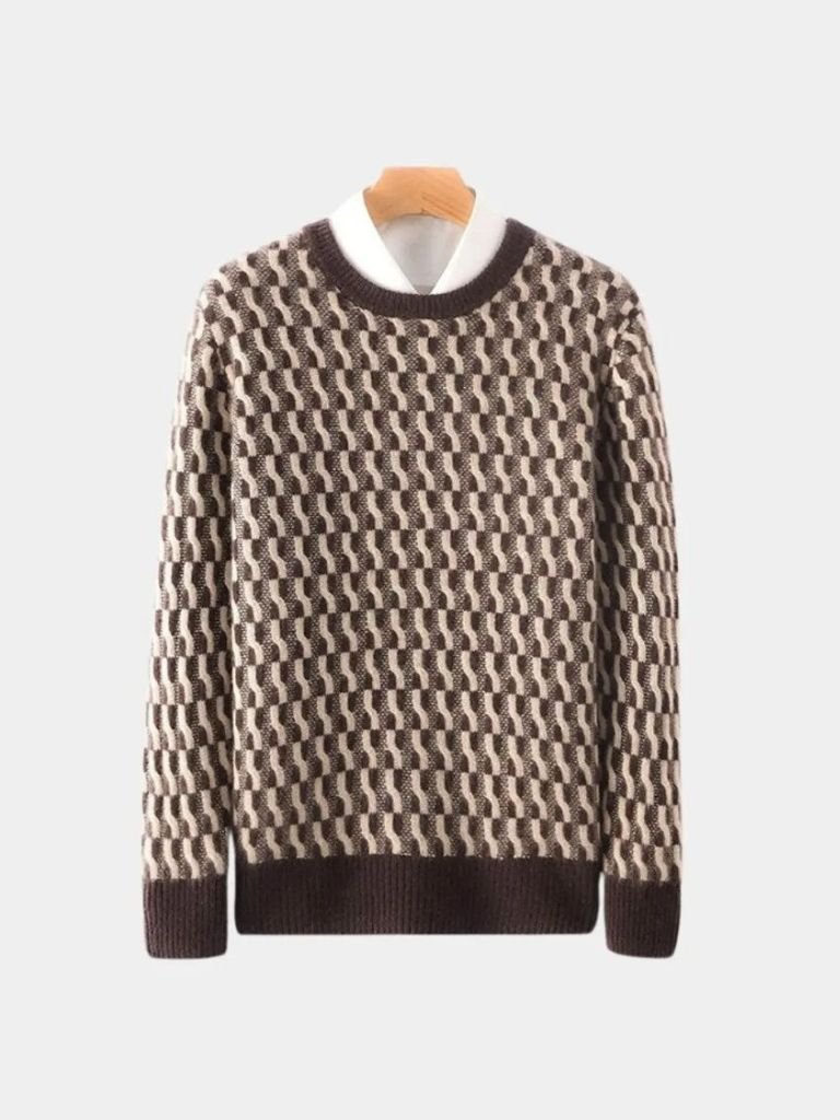 100% Wool Geometric Crew Neck Pullover Sweater - Manly Man