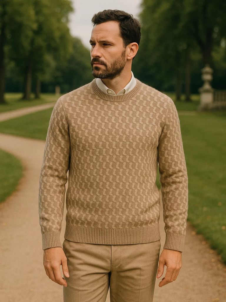 100% Wool Geometric Crew Neck Pullover Sweater - Manly Man