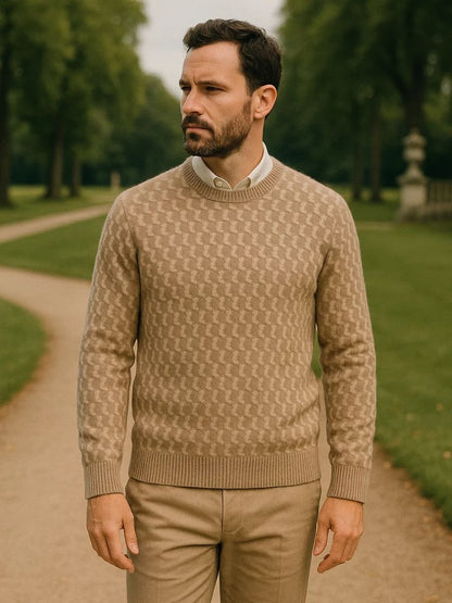 100% Wool Geometric Crew Neck Pullover Sweater - Manly Man