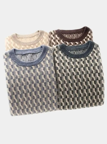 100% Wool Geometric Crew Neck Pullover Sweater - Manly Man