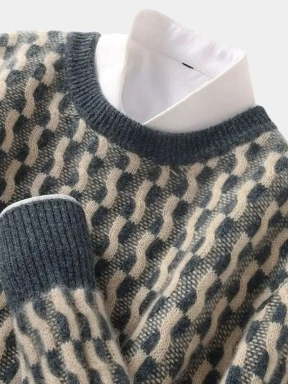 100% Wool Geometric Crew Neck Pullover Sweater - Manly Man