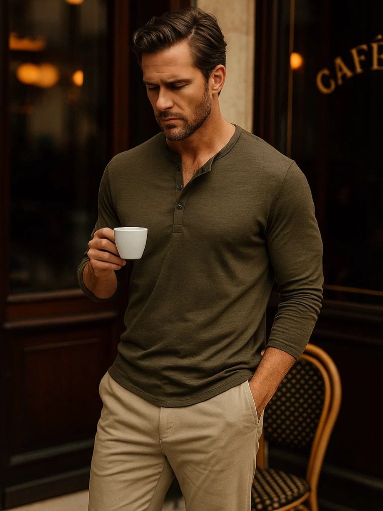 Casual Henley Neck Long Sleeve T-Shirt - Manly Man
