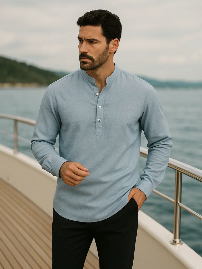 Casual Henley Neck Long Sleeve T-Shirt - Manly Man