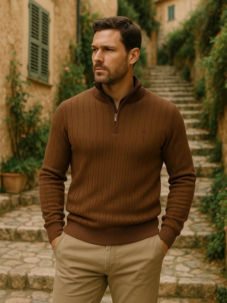 Cotton Knit Vertical Stripes Quarter-Zip Sweater - Manly Man