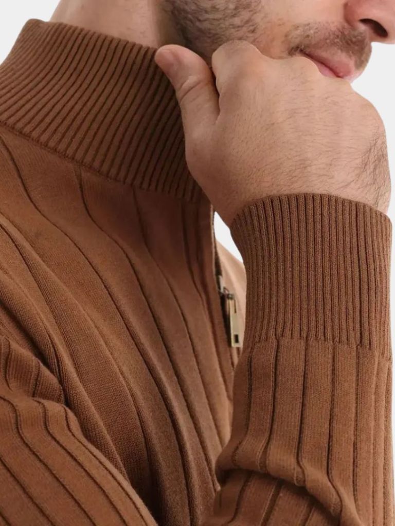 Cotton Knit Vertical Stripes Quarter-Zip Sweater - Manly Man