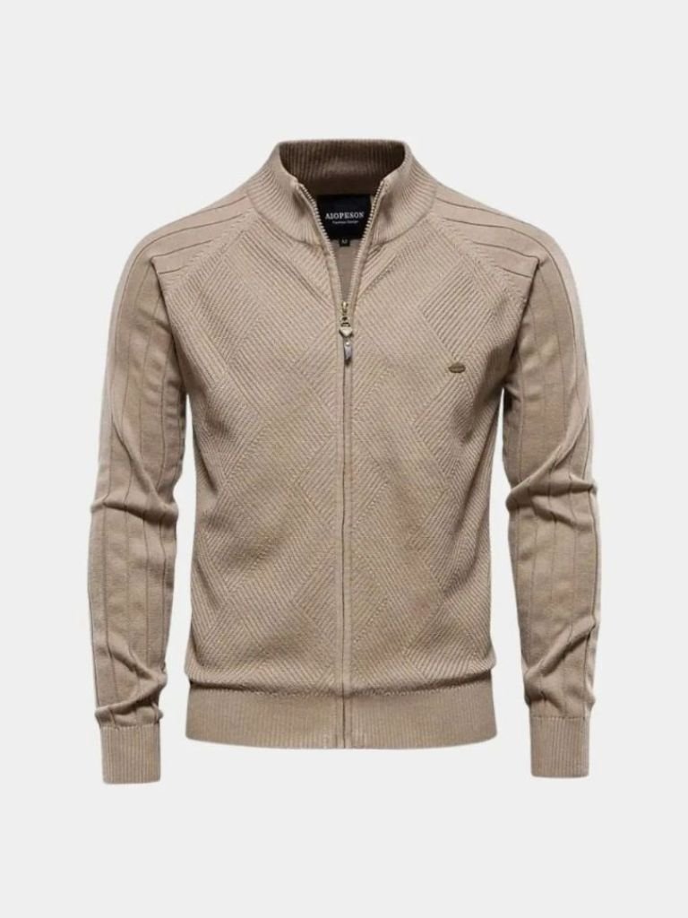 Knit Zipper Jacquard Solid Color Cardigan Sweater - Manly Man
